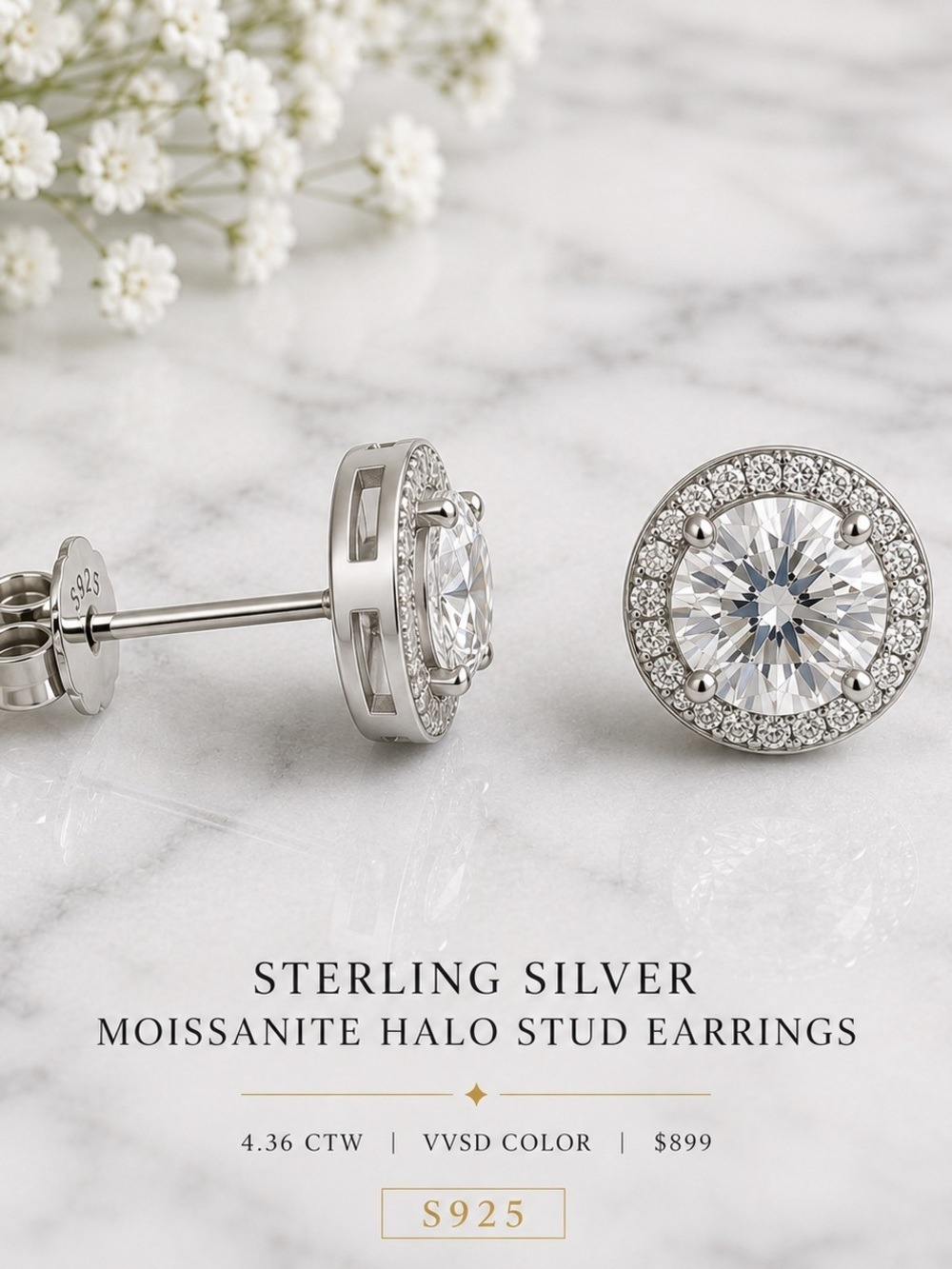 Sterling Silver White Moissanite Halo Stud Earrings -4.36 CTW